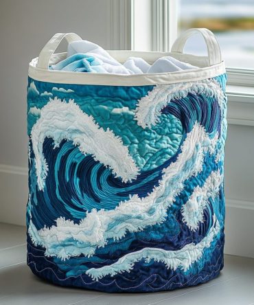 Ocean Wave Quilted Laundry Hamper - Nautical Blue Fabric Storage Basket, Foldable Durable Hamper With Waterproof Lining & Handy Carry Handles