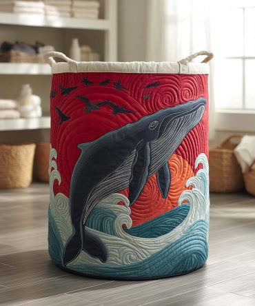 Ocean Wave Whale Quilted Laundry Hamper — Large Nautical Fabric Storage Basket For Laundry, Toys & Nursery Organization