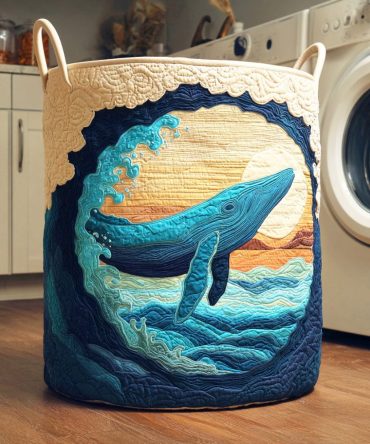 Ocean Whale Quilted Laundry Hamper – Stylish Collapsible Fabric Storage Bin With Handles For Bathroom, Bedroom & Seaside Decor