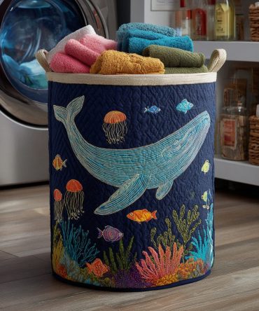Ocean Whale Song Quilted Storage Hamper — Nautical Foldable Laundry Organizer With Soft Cotton Feel, Ideal For Beach Houses & Nurseries