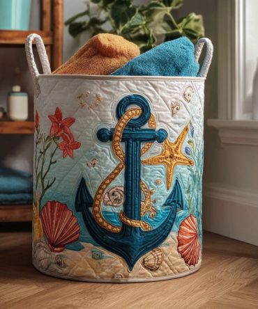 Ocean-Inspired Quilted Laundry Basket — Foldable Waterproof Hamper For Bedroom & Bath, Durable Cotton-Blend Storage Solution