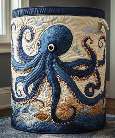 Oceanic Octopus Quilted Laundry Hamper — Marine-Themed Collapsible Fabric Bin With Handles For Beach House, Kids’ Rooms & Nautical Decor