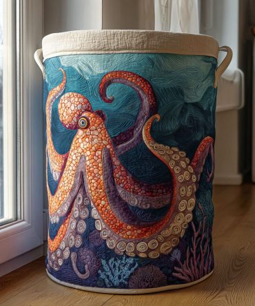 Oceanic Octopus Quilted Laundry Hamper - Coastal Foldable Laundry Basket With Reinforced Handles, Removable Washable Liner & Sturdy Base