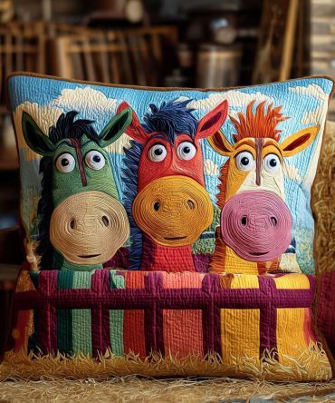 Old Fence Ponies Quilted Pillow Cover — Vintage Pony Motif Throw Pillowcase, Country Equestrian Accent For Rustic & Farmhouse Spaces