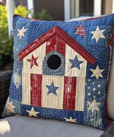 Old Glory Birdhouse Quilted Pillow Cover - Patriotic Home Decor, Durable Cotton Blend, Machine Washable Accent