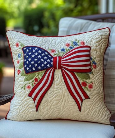 Old Glory Blooms Quilted Pillow Cover — Patriotic Floral Throw Sham For Classic American Style, Porches & Living Rooms
