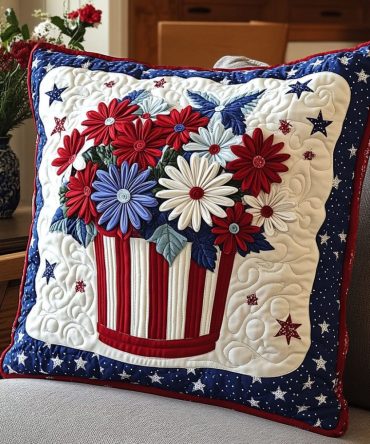 Old Glory Blossoms Quilted Pillow Cover - Patriotic Patch Floral Throw For Porch, Sofa & Cozy Holiday Decor