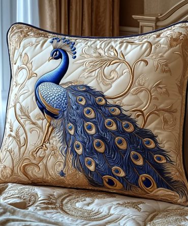 Peacock Elegance Quilted Pillow Cover — Opulent Plumage Feather Print, High-End Decorative Pillowcase For Living Room & Bedroom
