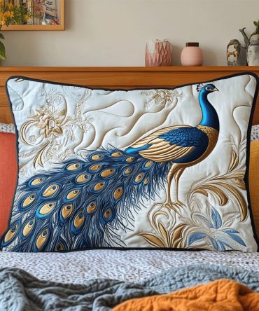 Lux Feather Quilted Pillow Cover — Opulent Plumage Peacock Motif, Elegant Decorative Pillowcase For Luxe, Bohemian & Global Interiors