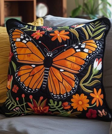 Monarch Butterfly Quilted Pillow Cover - Bright Orange Nature Accent, Lightweight Cotton, Hypoallergenic, 18X18