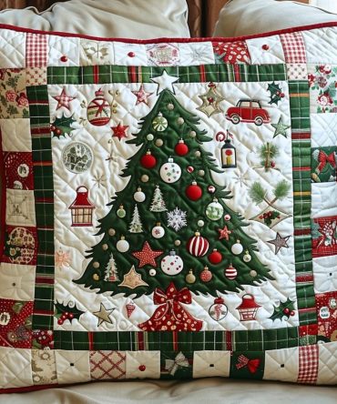 Ornament Delight Quilted Pillow Cover — Festive Bauble Pattern Holiday Throw For Christmas Living Room, Soft Quilted Accent Pillowcase