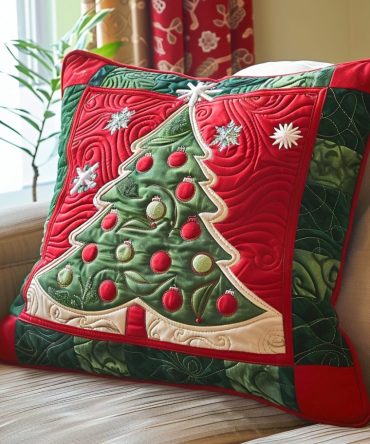Ornamented Evergreen Quilted Pillow Cover — Festive Christmas Tree Throw Pillowcase, Textured Holiday Home Accent, Washable