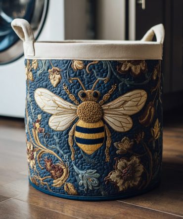 Ornate Bee Quilted Laundry Hamper - Vintage-Inspired Foldable Fabric Basket With Handles For Chic Home & Laundry Room Storage