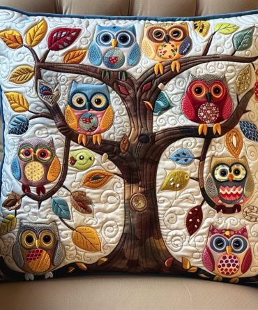 Owl Family Tree Quilted Pillowcase — Heartfelt Quilted Pillow Cover With Family Owl Motif For Cozy Living Rooms, Nurseries & Gifts