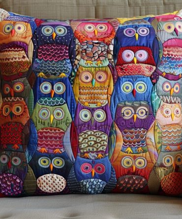 Owl Gathering Quilted Pillowcase — Whimsical Quilted Decorative Pillow Cover Showcasing A Friendly Owl Ensemble For Cozy, Eclectic Homes