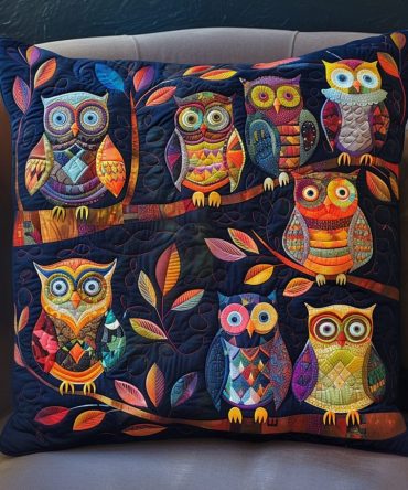 Owl Parade Quilted Pillowcase — Playful Quilted Decorative Pillow Cover Featuring A Cheerful Owl Lineup For Accent Pillows & Kids' Rooms