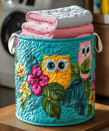 Owl Charm Quilted Laundry Hamper - Large Collapsible Fabric Basket With Cute Owl Design, Sturdy Handles, Washable Storage Solution