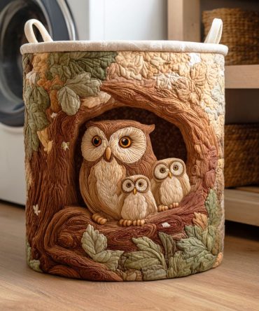 Owl Family Quilted Laundry Hamper — Charming Owl Pattern Fabric Laundry Basket For Kids, Nursery & Home, Collapsible And Soft-Sided