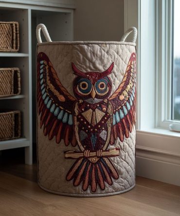Owl Guard Quilted Laundry Hamper – Protective Owl Motif Fabric Basket, Spacious Collapsible Storage With Reinforced Handles