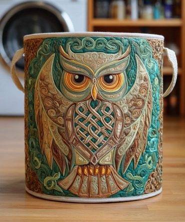 Owl Guardian Pattern Quilted Laundry Hamper — Foldable Decorative Fabric Basket With Waterproof Liner, Handles & Room Organizer