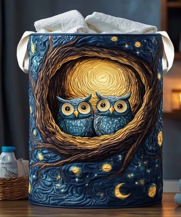 Owl Nest Quilted Laundry Hamper - Large Collapsible Fabric Basket With Cozy Owl Design, Reinforced Handles, Easy Washable Storage