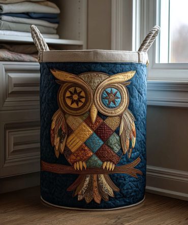 Owl Shadow Quilted Laundry Hamper – Nighttime Owl Design Fabric Basket, Sturdy Collapsible Storage For Bedroom Or Nursery