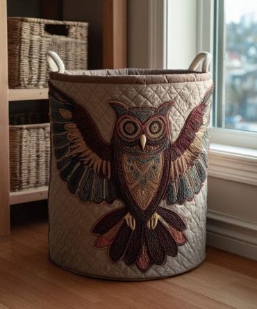 Owl Spirit Quilted Laundry Bin – Charming Owl-Pattern Fabric Hamper, Foldable & Durable Storage For Kids’ Rooms And Living Spaces