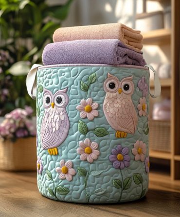 Owl Treasures Quilted Laundry Hamper - Large Foldable Fabric Basket With Charming Owl Pattern, Durable Handles, Versatile Storage
