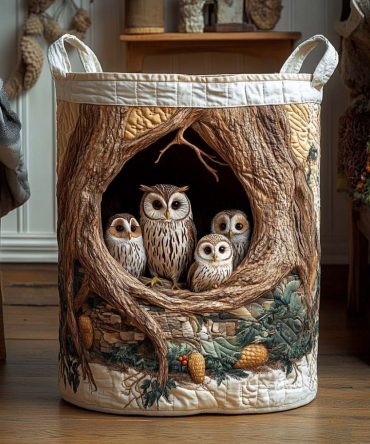 Owl Tree Hollow Quilted Cotton Laundry Hamper – Whimsical Collapsible Fabric Basket With Strong Handles, Cute Storage For Nursery & Bedroom