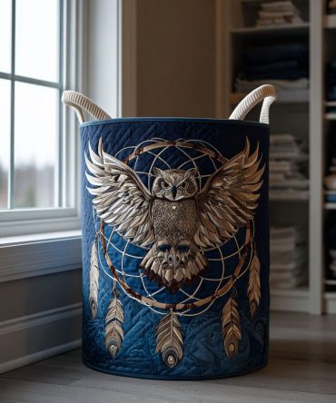 Owl Watch Quilted Laundry Basket – Whimsical Owl-Designed Fabric Hamper, Lightweight Foldable Storage For Home & Nursery Use