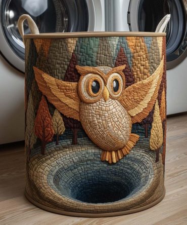 Owl Water Vortex Quilted Laundry Basket — Whimsical Owl Print Fabric Hamper With Handles, Collapsible & Wipeable Interior