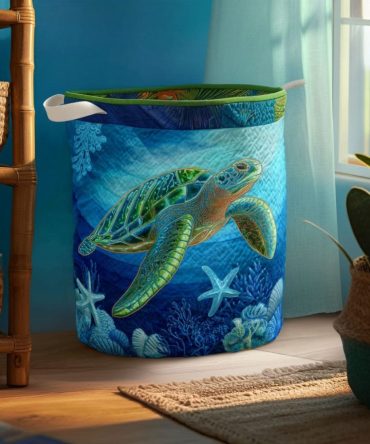 Pacific Dream Sea Turtle Quilted Laundry Basket — Foldable Large Fabric Hamper With Nautical Print, Durable Home Organization Solution