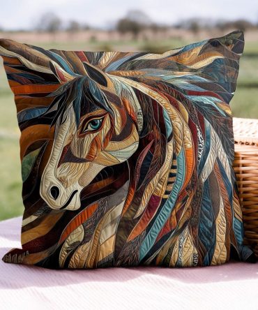 Hand-Painted Pony Quilted Pillow Cover - Colorful Horse Pattern Decorative Throw Pillow Sham, Boho Farmhouse Accent, Durable Cotton