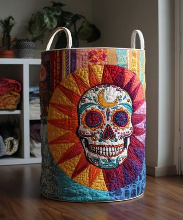 Painted Spirits Quilted Laundry Hamper — Artistic Skull-Print Fabric Basket With Handles, Collapsible Decorative Storage For Home