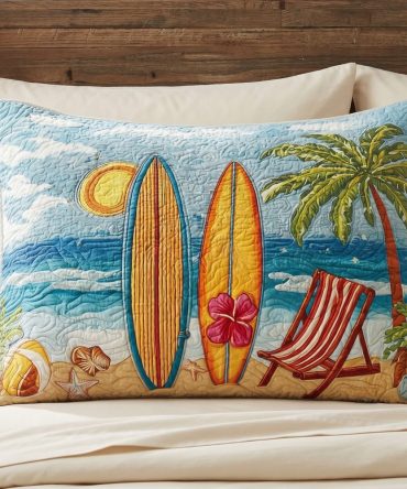 Palm Escape Quilted Pillowcase — Luxe Tropical Motif Decorative Pillow Cover, Soft Quilting For Bed, Couch & Patio Lounge