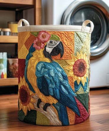 Palm Feathers Quilted Laundry Hamper - Tropical Foldable Laundry Basket With Reinforced Base & Easy-Carry Handles For Home