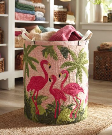 Palm Flamingo Quilted Laundry Hamper — Tropical Flamingo Print Fabric Laundry Basket With Padded Quilting, Collapsible & Lightweight Handles
