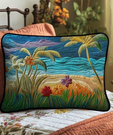 Palm Haven Quilted Pillow Cover — Tropical Palm Leaf Decorative Throw In Cotton-Blend For Coastal, Boho & Vacation-Style Bedrooms