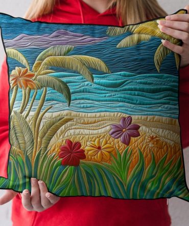 Palm Haven Quilted Throw Pillow Cover — Tropical Palm Decorative Cushion Sham For Coastal, Boho & Contemporary Interiors With Subtle Texture