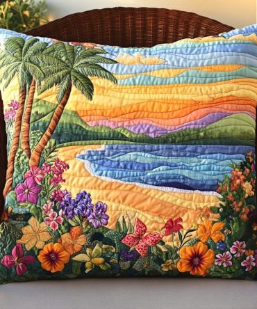 Palm Serenity Quilted Pillow Cover — Tropical Palm Leaf Throw Pillowcase, Soft Decorative Accent For Sofa & Outdoor Lounge