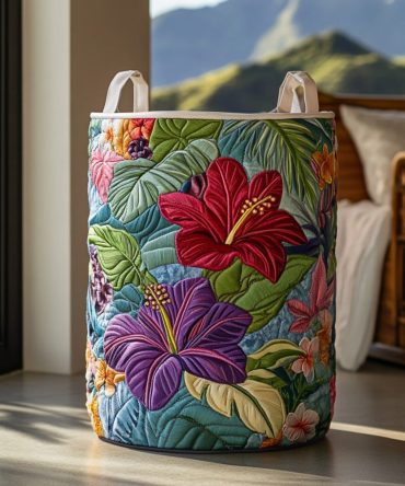 Paradise Glow Quilted Laundry Hamper – Tropical-Inspired Decorative Laundry Basket, Large Collapsible Hamper With Soft Quilted Fabric