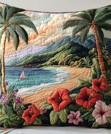 Paradise Shore Quilted Pillow Cover - Tropical Coastal Decorative Throw Pillowcase For Living Room & Patio