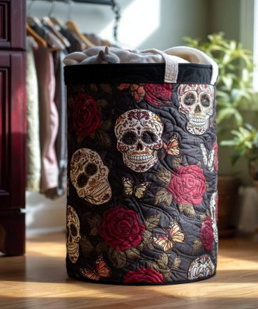 Pastel Calavera Quilted Laundry Hamper — Soft Pastel Sugar Skull Fabric Basket, Foldable Nursery & Bedroom Clothes Organizer
