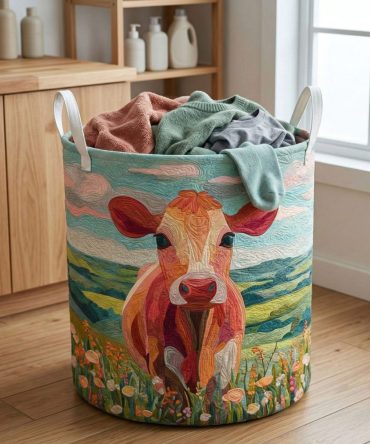 Pastel Cow Meadow Quilted Laundry Hamper — Soft Pastel Cow Meadow Print Foldable Fabric Bin With Handles For Gentle Nursery Decor
