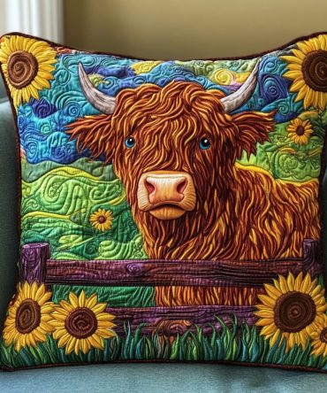 Pasture Bloom Cow Quilted Pillow Cover — Floral Farmhouse Throw For Cozy Living Spaces , Textured Quilting, Machine‑Washable, Gift‑Ready