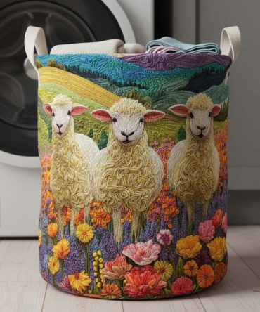 Pasture Sheep Quilted Laundry Hamper - Rustic Foldable Laundry Basket With Cute Sheep Pattern, Reinforced Handles For Everyday Home Storage
