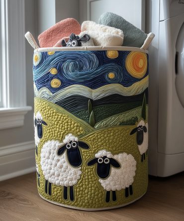 Pastoral Quilted Laundry Hamper - Pasture Sheep Print , Soft Collapsible Laundry Basket With Reinforced Handles For Nursery & Farmhouse Decor