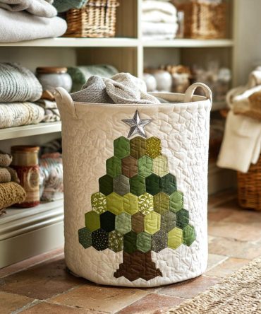 Patch Pine Quilted Laundry Basket - Rustic Holiday Foldable Hamper With Sturdy Handles For Seasonal Storage & Decor