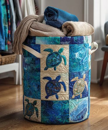 Patch Reef Quilted Laundry Hamper — Coastal Quilted Fabric Basket With Handles, Collapsible Organizer For Home & Beach Houses