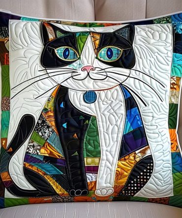 Patchwork Portrait Cat Quilted Pillow Cover — Artful Mixed-Pattern Feline Throw Pillowcase, Handmade-Look Decorative Accent For Home
